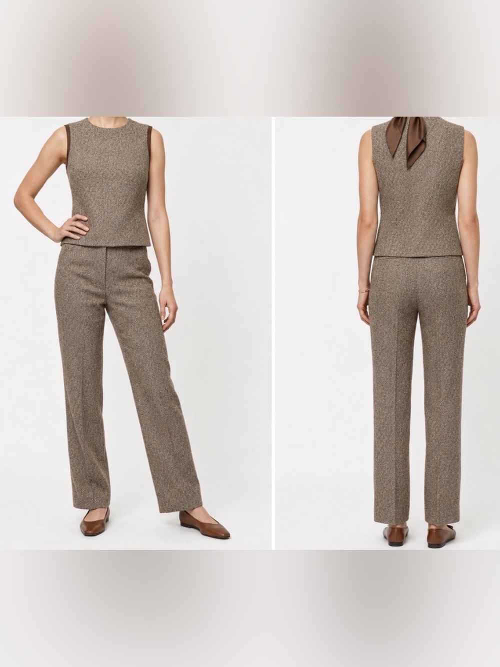 ANN TAYLOR LOFT HERRINGBONE Knit Vest and Trousers in Cream and Brown